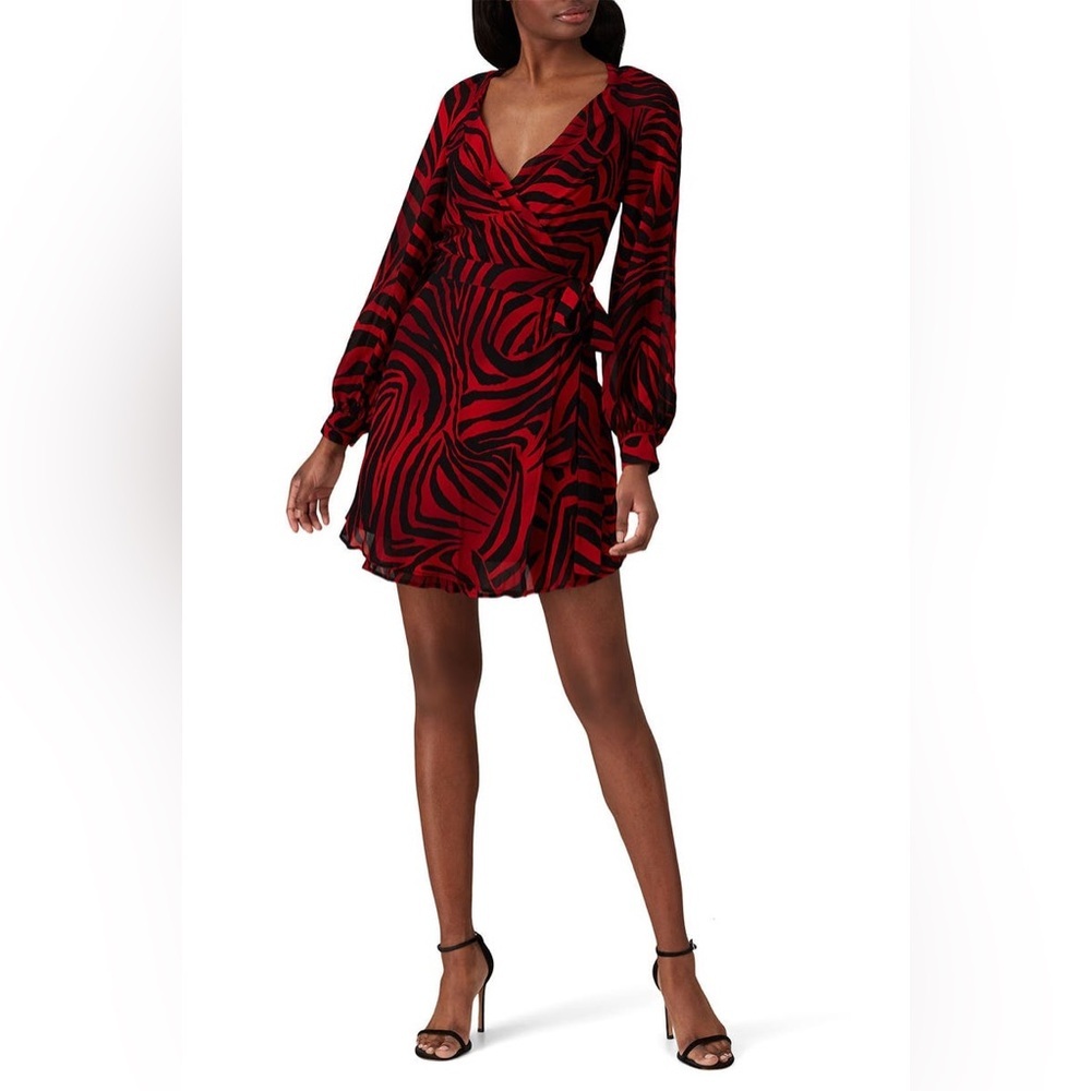 Pinko | Long Island Zebra Print Georgette Belted Wrap Dress Red/Black Sz 4 *FLAW